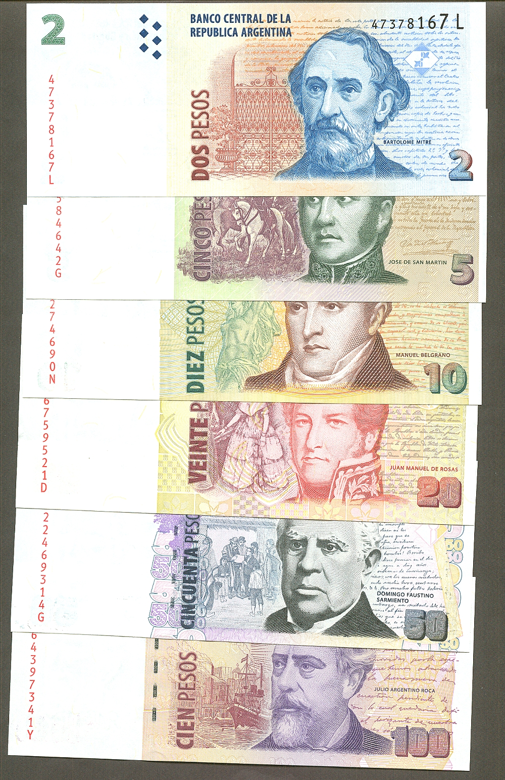 Argentina, (2010-2013) Set of 2-5-10-20-50 & 100 Pesos, GemCU